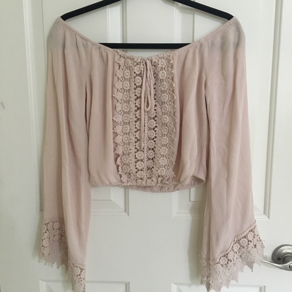 Pink off the shoulder cropped bell sleeve blouse